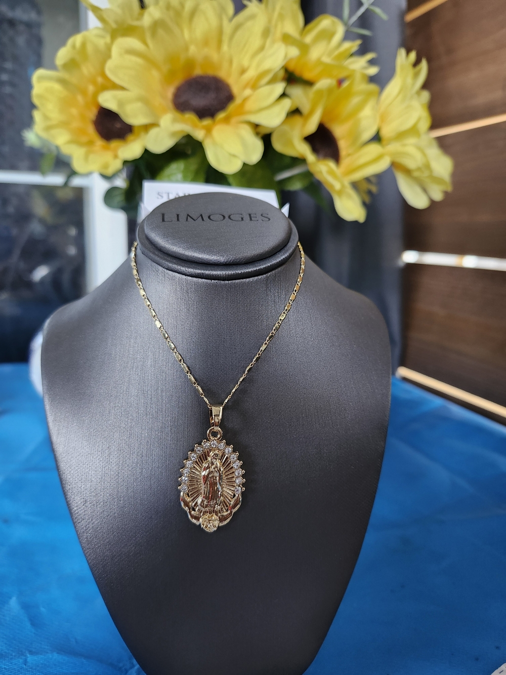 Limoges Gold Virgin Mary Medallion Necklace with Clear Accents